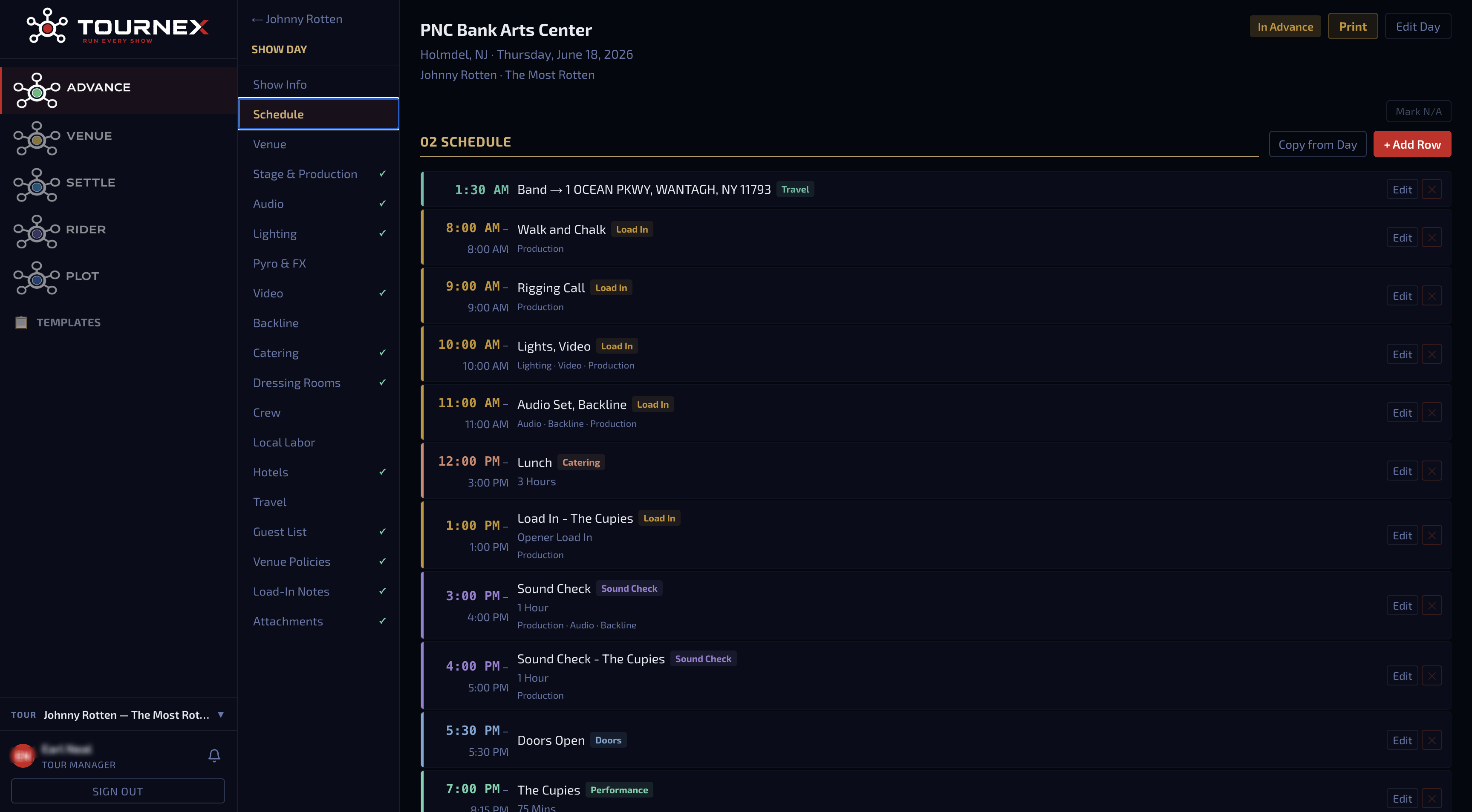 TourNex Advance — Show day schedule